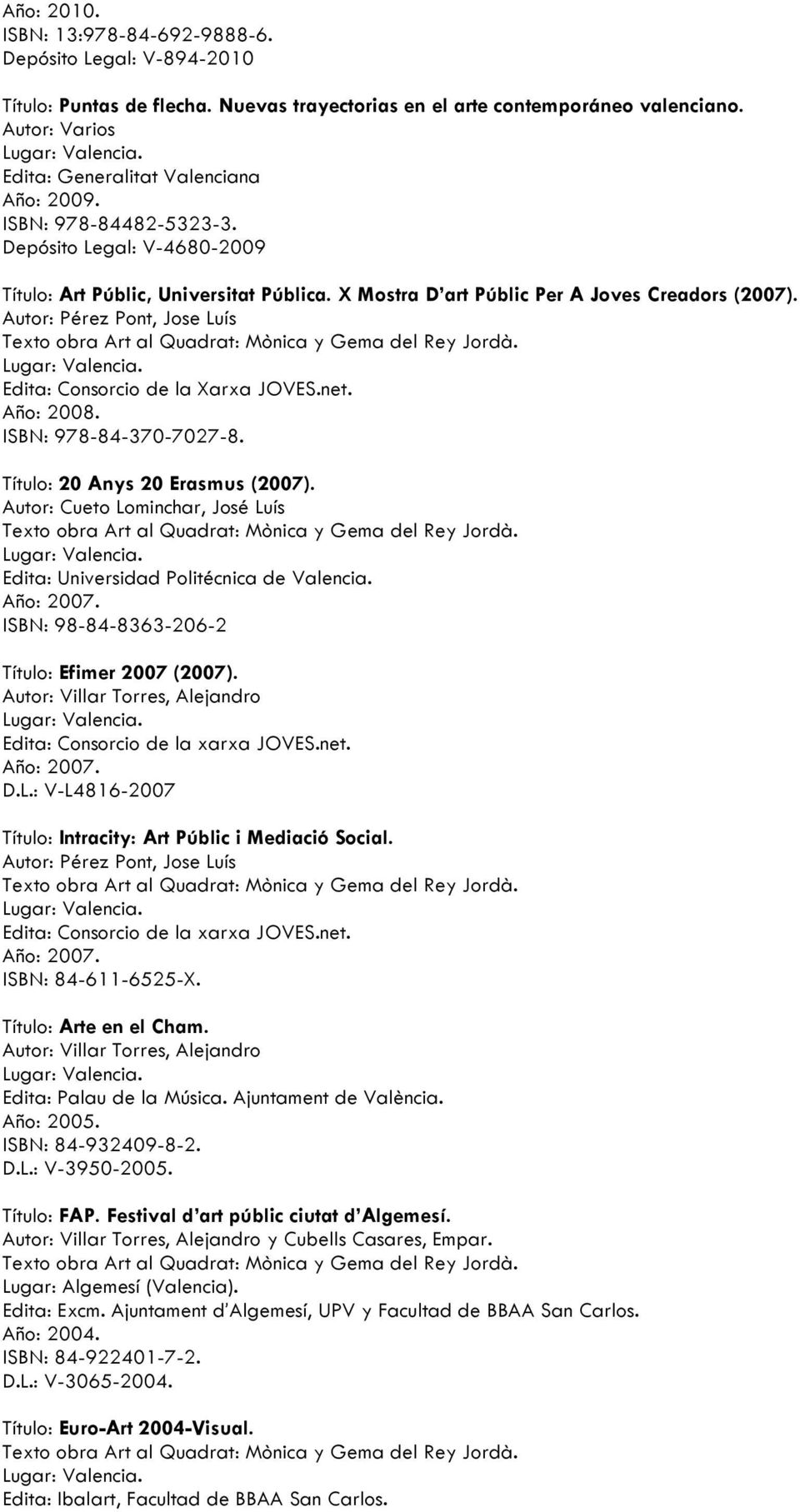 Autor: Pérez Pont, Jose Luís Texto obra Art al Quadrat: Mònica y Gema del Rey Jordà. Edita: Consorcio de la Xarxa JOVES.net. Año: 2008. ISBN: 978-84-370-7027-8. Título: 20 Anys 20 Erasmus (2007).