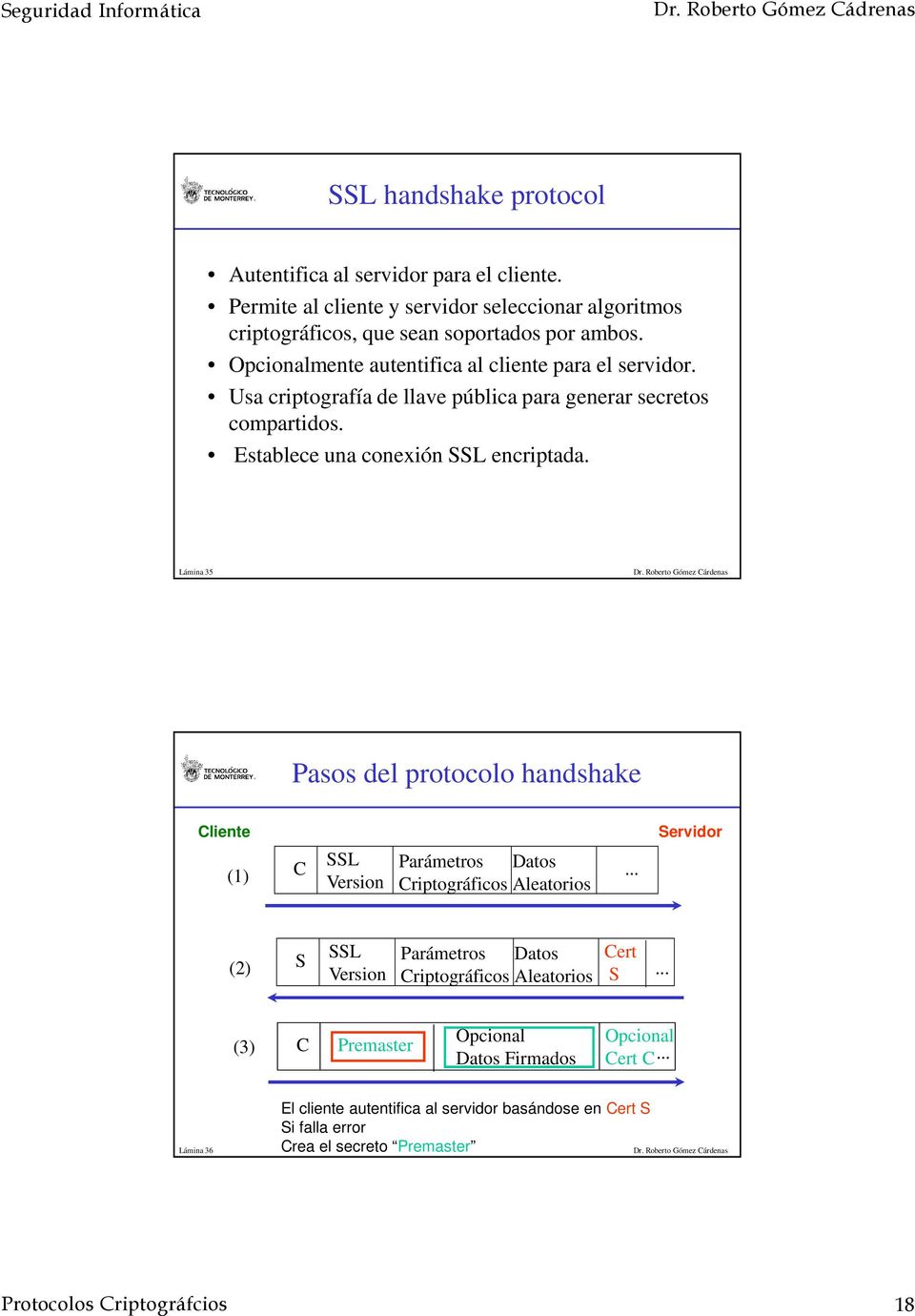 Lámina 35 Pasos del protocolo handshake Cliente (1) C SSL Version Parámetros Datos Criptográficos Aleatorios.