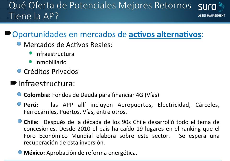 de Deuda para financiar 4G (Vías) Perú: las APP allí incluyen Aeropuertos, Electricidad, Cárceles, Ferrocarriles, Puertos, Vías, entre otros.