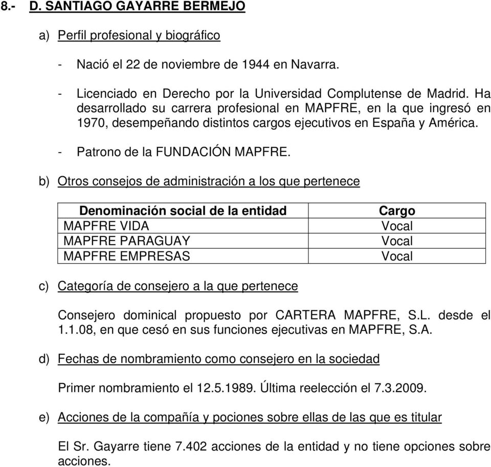 MAPFRE VIDA MAPFRE PARAGUAY MAPFRE EMPRESAS Consejero dominical propuesto por CARTERA MAPFRE, S.L. desde el 1.1.08, en que cesó en sus funciones ejecutivas en MAPFRE, S.A. Primer nombramiento el 12.