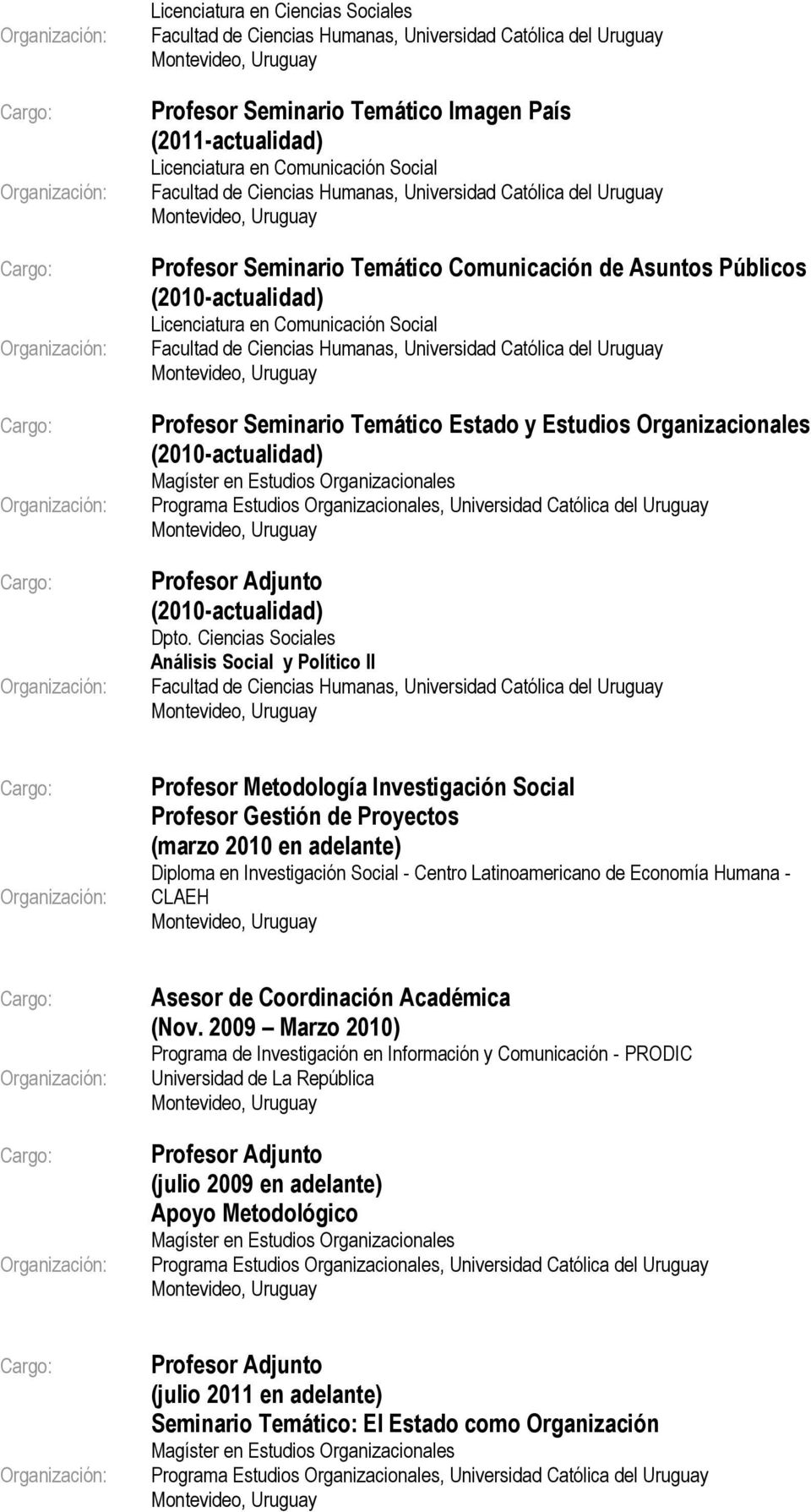 Universidad Católica del Uruguay Profesor Seminario Temático Estado y Estudios Organizacionales (2010-actualidad) Magíster en Estudios Organizacionales Programa Estudios Organizacionales, Universidad
