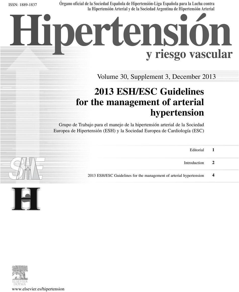 management of arterial hypertension Grupo de Trabajo para el manejo de la hipertensión arterial de la Sociedad Europea de Hipertensión (ESH) y la