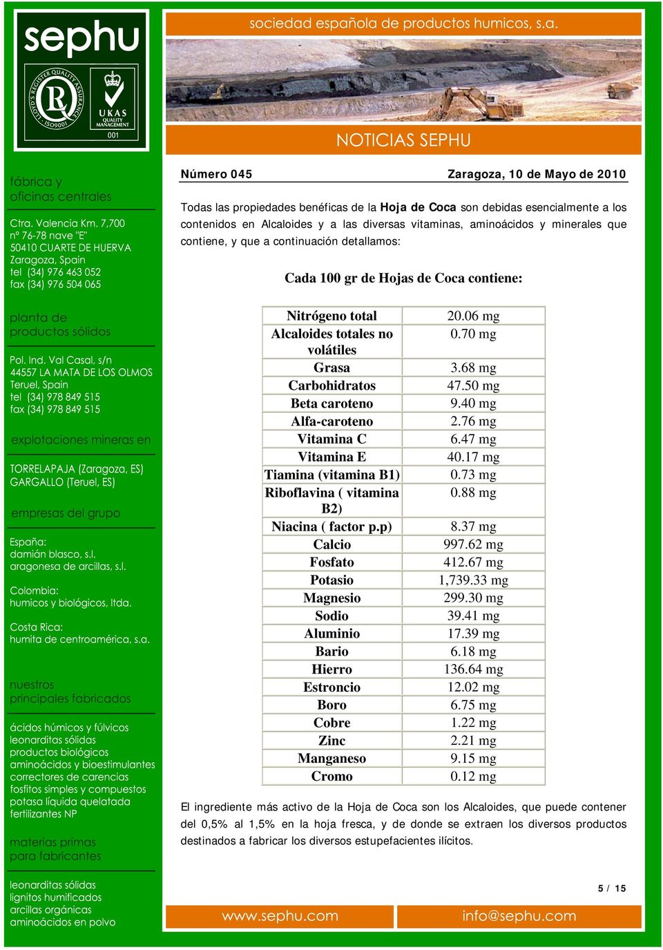 Riboflavina ( vitamina B2) Niacina ( factor p.p) Calcio Fosfato Potasio Magnesio Sodio Aluminio Bario Hierro Estroncio Boro Cobre Zinc Manganeso Cromo 20.06 mg 0.70 mg 3.68 mg 47.50 mg 9.40 mg 2.