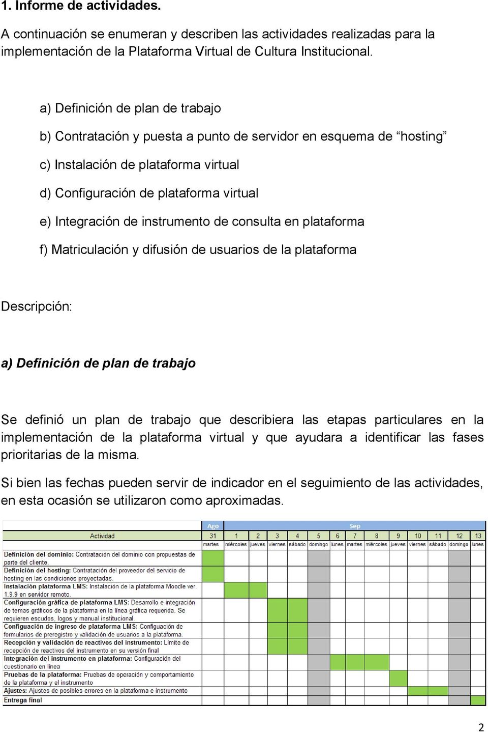 instrumento de consulta en plataforma f) Matriculación y difusión de usuarios de la plataforma Descripción: a) Definición de plan de trabajo Se definió un plan de trabajo que describiera las etapas