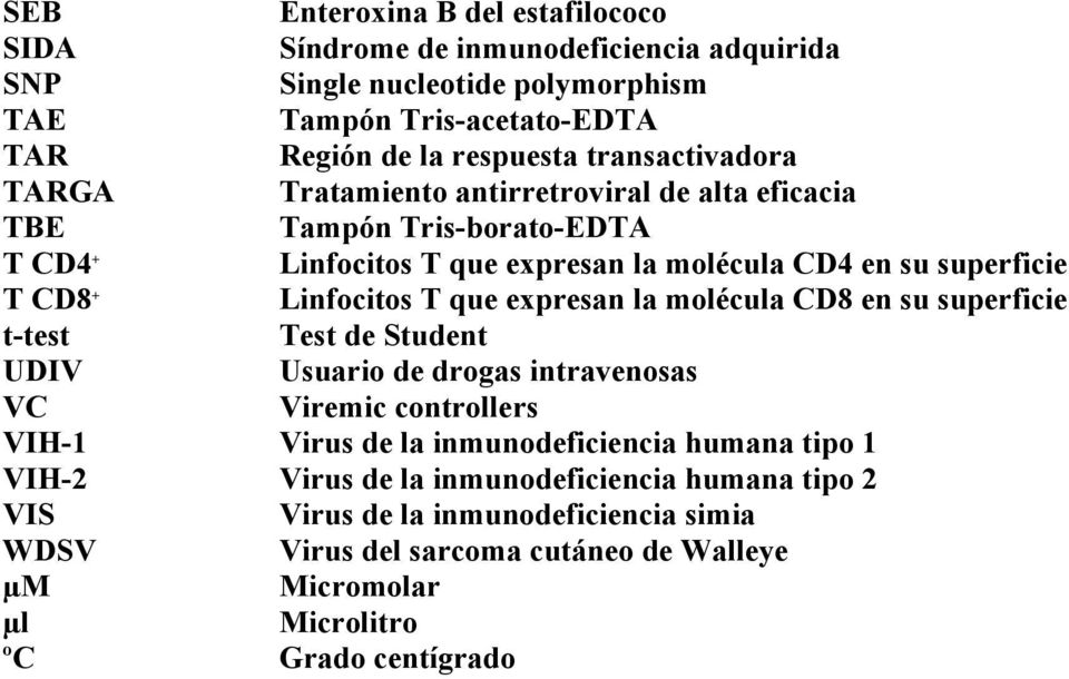 Linfocitos T que expresan la molécula CD8 en su superficie t-test Test de Student UDIV Usuario de drogas intravenosas VC Viremic controllers VIH-1 Virus de la inmunodeficiencia