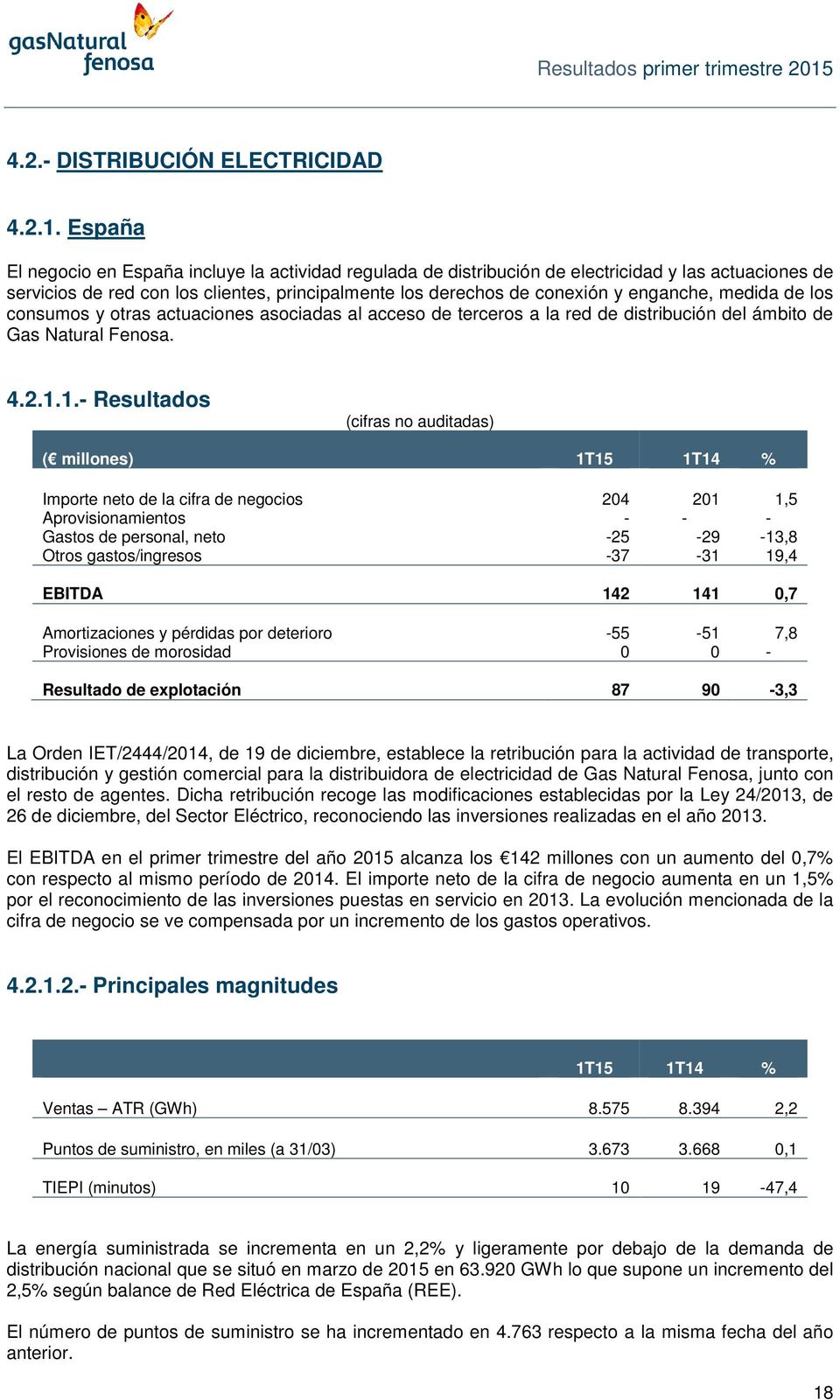 medida de los consumos y otras actuaciones asociadas al acceso de terceros a la red de distribución del ámbito de Gas Natural Fenosa. 4.2.1.