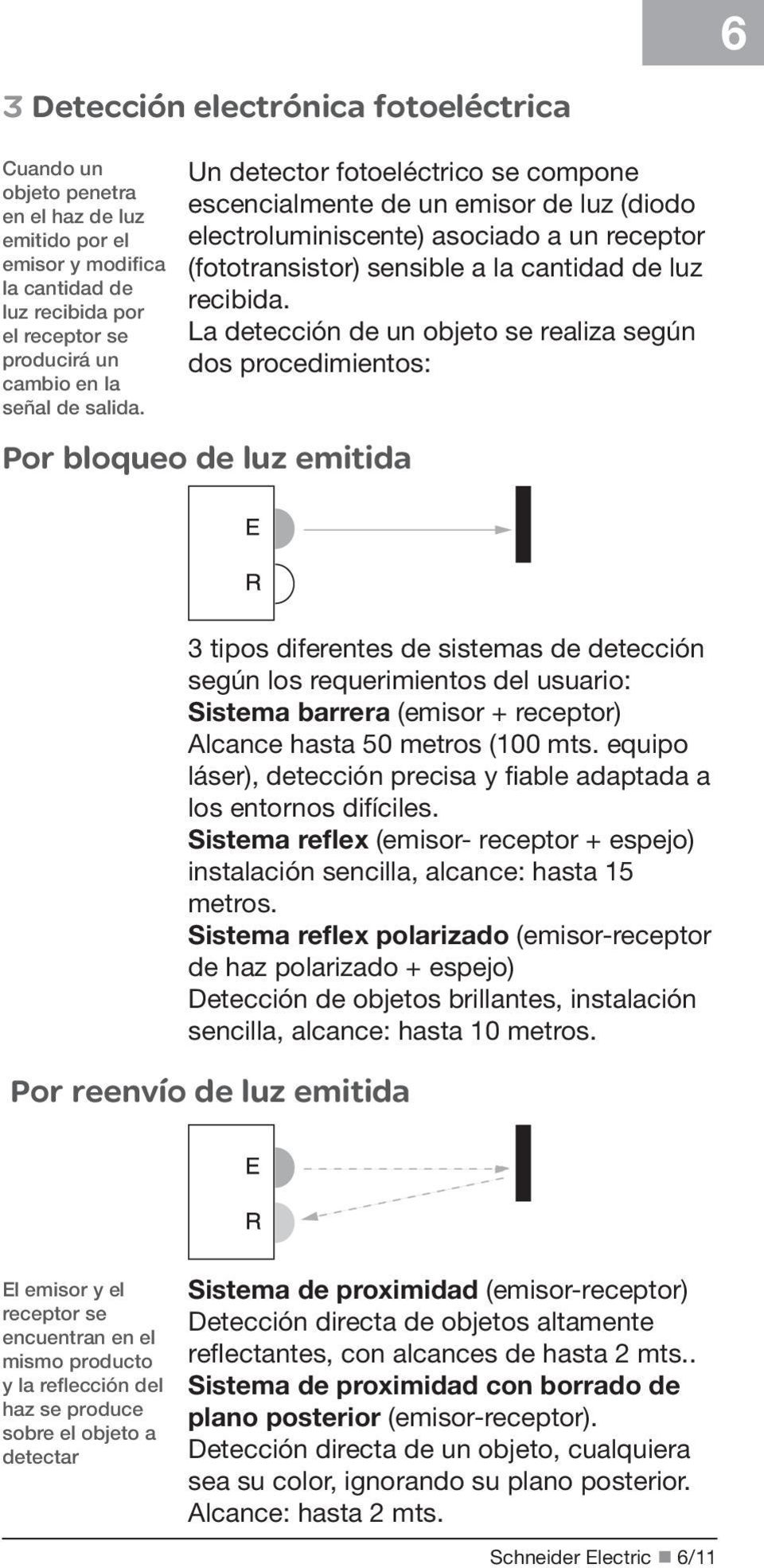 La detección de un objeto se realiza según dos procedimientos: Por bloqueo de luz emitida tipos diferentes de sistemas de detección según los requerimientos del usuario: Sistema barrera (emisor +