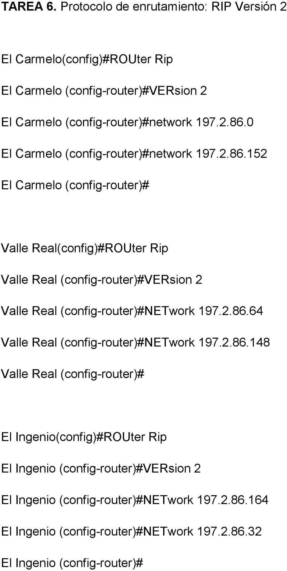 0 El Carmelo (config-router)#network 197.2.86.