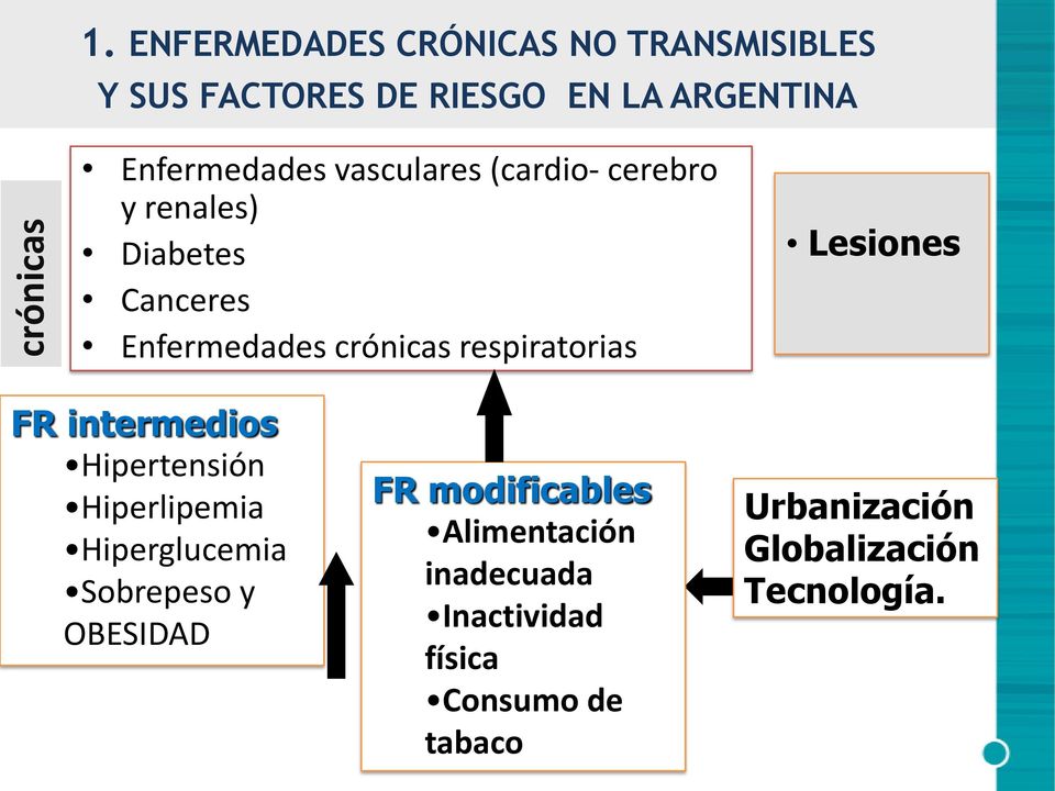 vasculares (cardio- cerebro y renales) Diabetes Canceres Enfermedades crónicas respiratorias