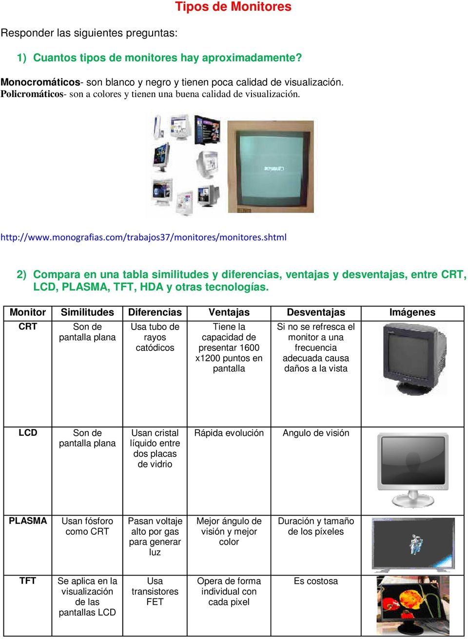 shtml 2) Compara en una tabla similitudes y diferencias, ventajas y desventajas, entre CRT, LCD, PLASMA, TFT, HDA y otras tecnologías.