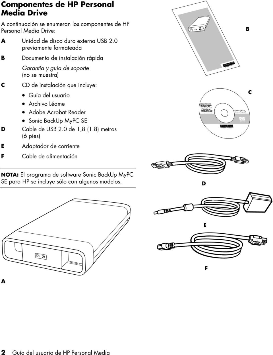 del usuario Archivo Léame Adobe Acrobat Reader Sonic BackUp MyPC SE Cable de USB 2.0 de 1,8 (1.