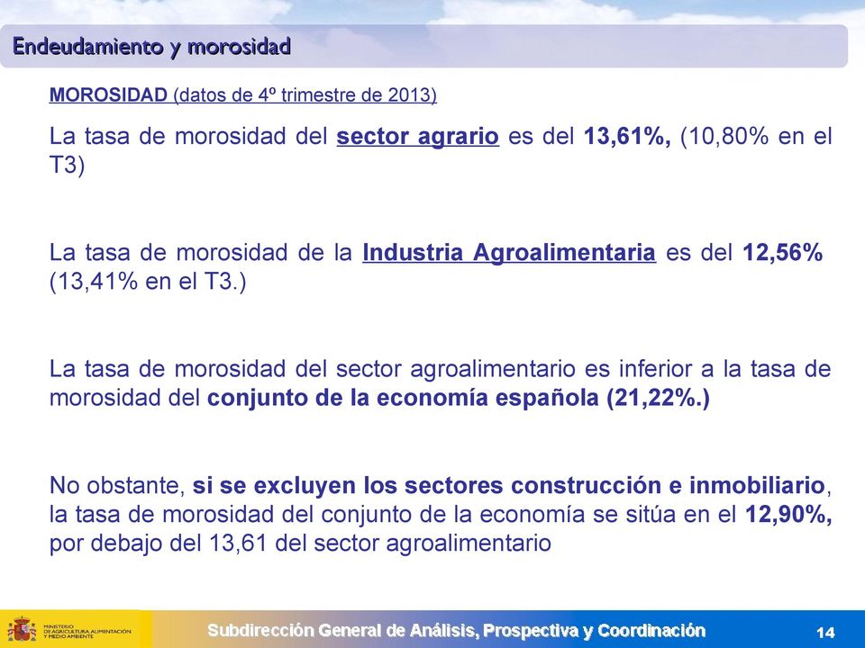 ) La tasa de morosidad del sector agroalimentario es inferior a la tasa de morosidad del conjunto de la economía española (21,22%.