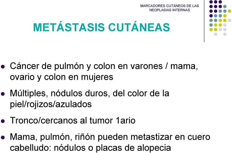 piel/rojizos/azulados Tronco/cercanos al tumor 1ario Mama, pulmón,