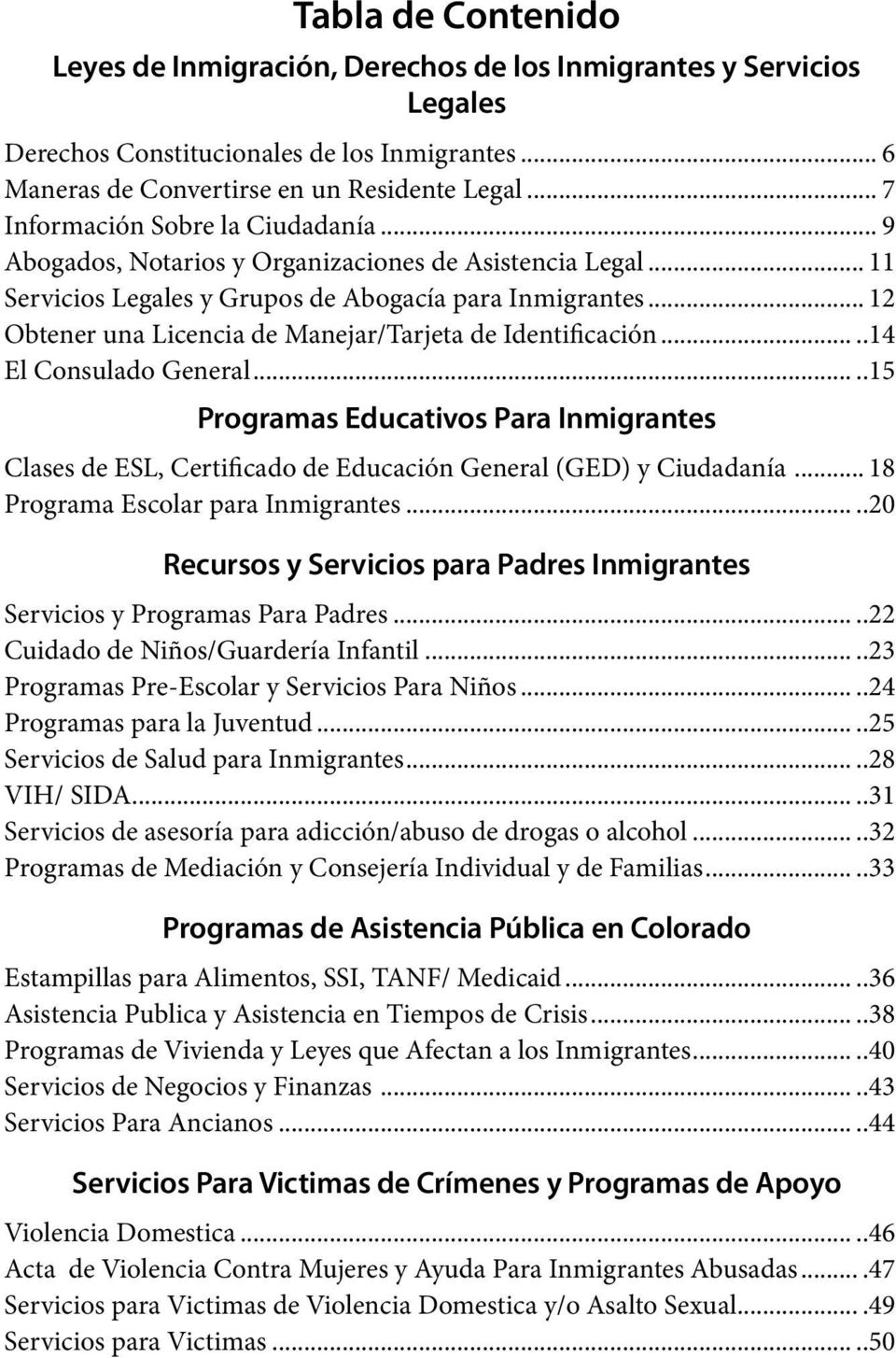 .. 12 Obtener una Licencia de Manejar/Tarjeta de Identificación.....14 El Consulado General.....15 Programas Educativos Para Inmigrantes Clases de ESL, Certificado de Educación General (GED) y Ciudadanía.