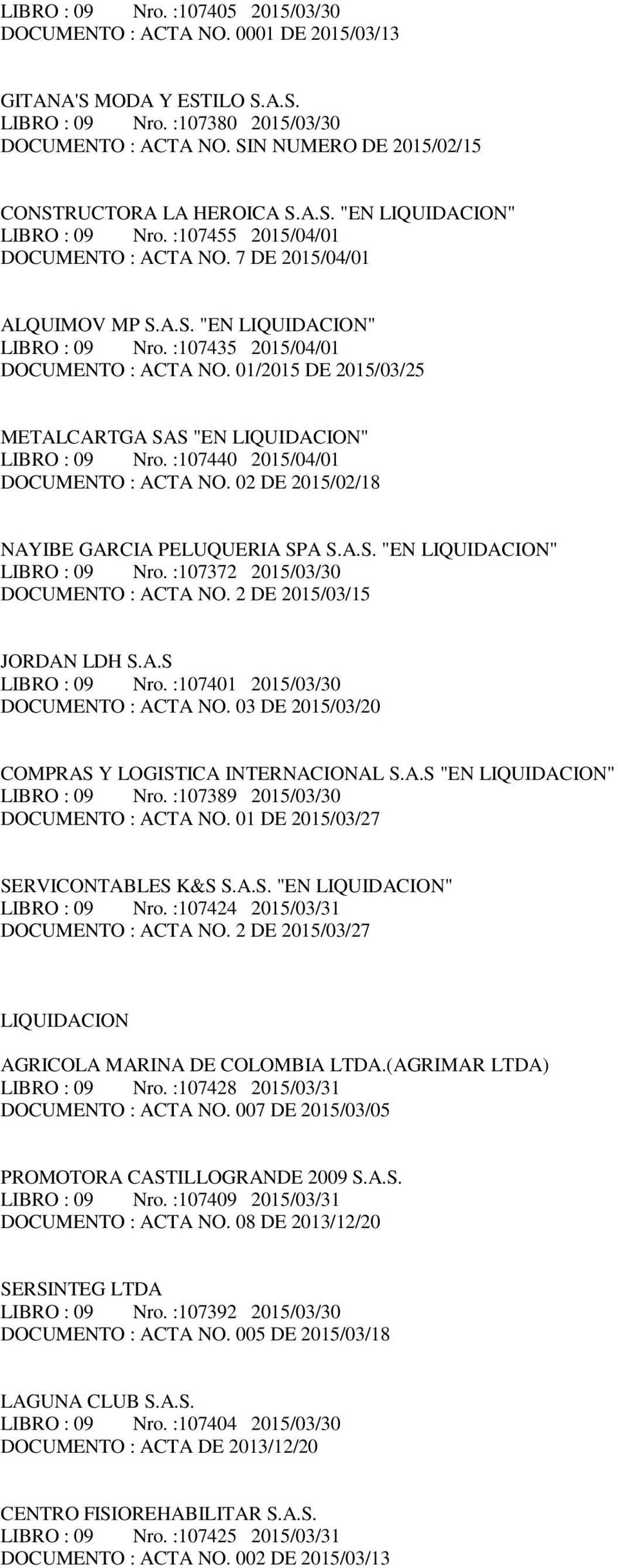 01/2015 DE 2015/03/25 METALCARTGA SAS "EN LIQUIDACION" LIBRO : 09 Nro. :107440 2015/04/01 DOCUMENTO : ACTA NO. 02 DE 2015/02/18 NAYIBE GARCIA PELUQUERIA SPA S.A.S. "EN LIQUIDACION" LIBRO : 09 Nro. :107372 2015/03/30 DOCUMENTO : ACTA NO.