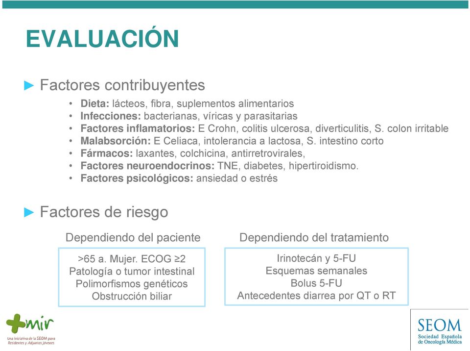 intestino corto Fármacos: laxantes, colchicina, antirretrovirales, Factores neuroendocrinos: TNE, diabetes, hipertiroidismo.