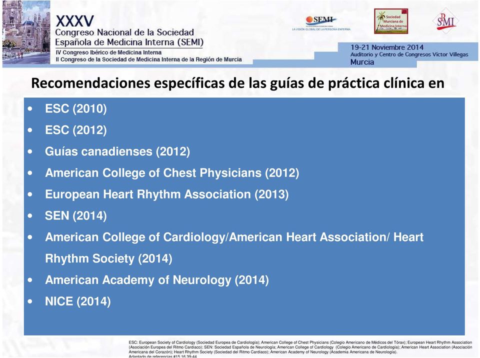 Association/ Heart Rhythm Society (2014) American Academy of Neurology (2014) NICE (2014) ESC: European Society of Cardiology (Sociedad Europea de Cardiología); American College of Chest Physicians