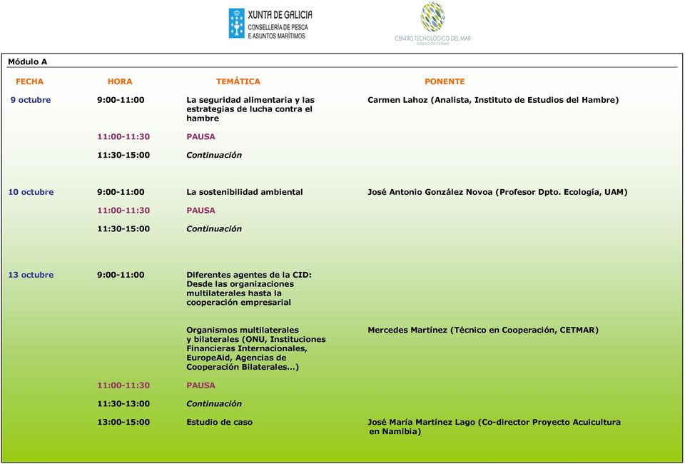 Ecología, UAM) 13 octubre 9:00-11:00 Diferentes agentes de la CID: Desde las organizaciones multilaterales hasta la cooperación empresarial Organismos multilaterales