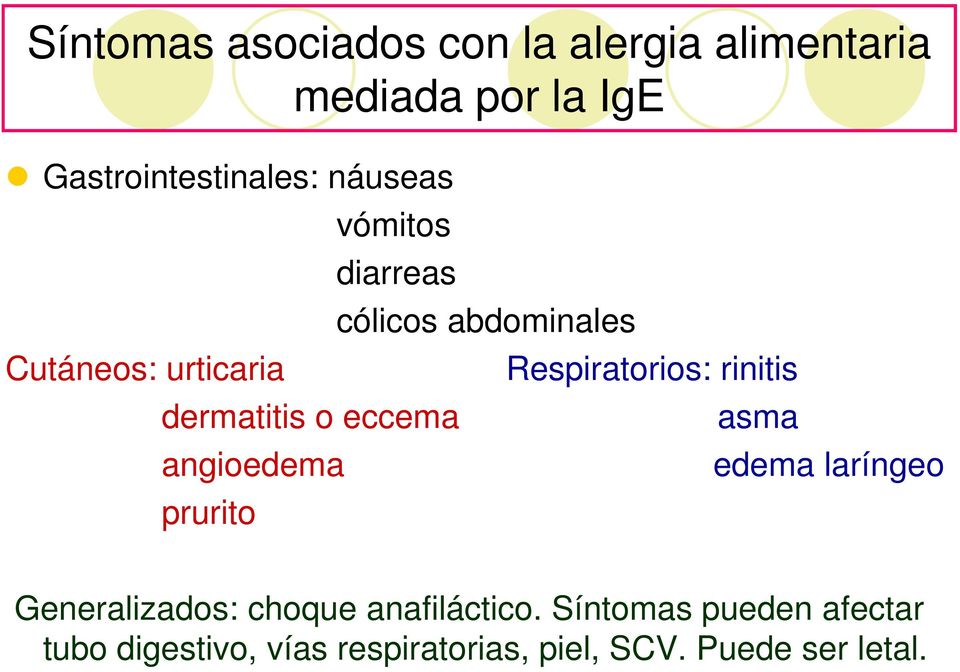 cólicos abdominales Respiratorios: rinitis asma edema laríngeo Generalizados: choque
