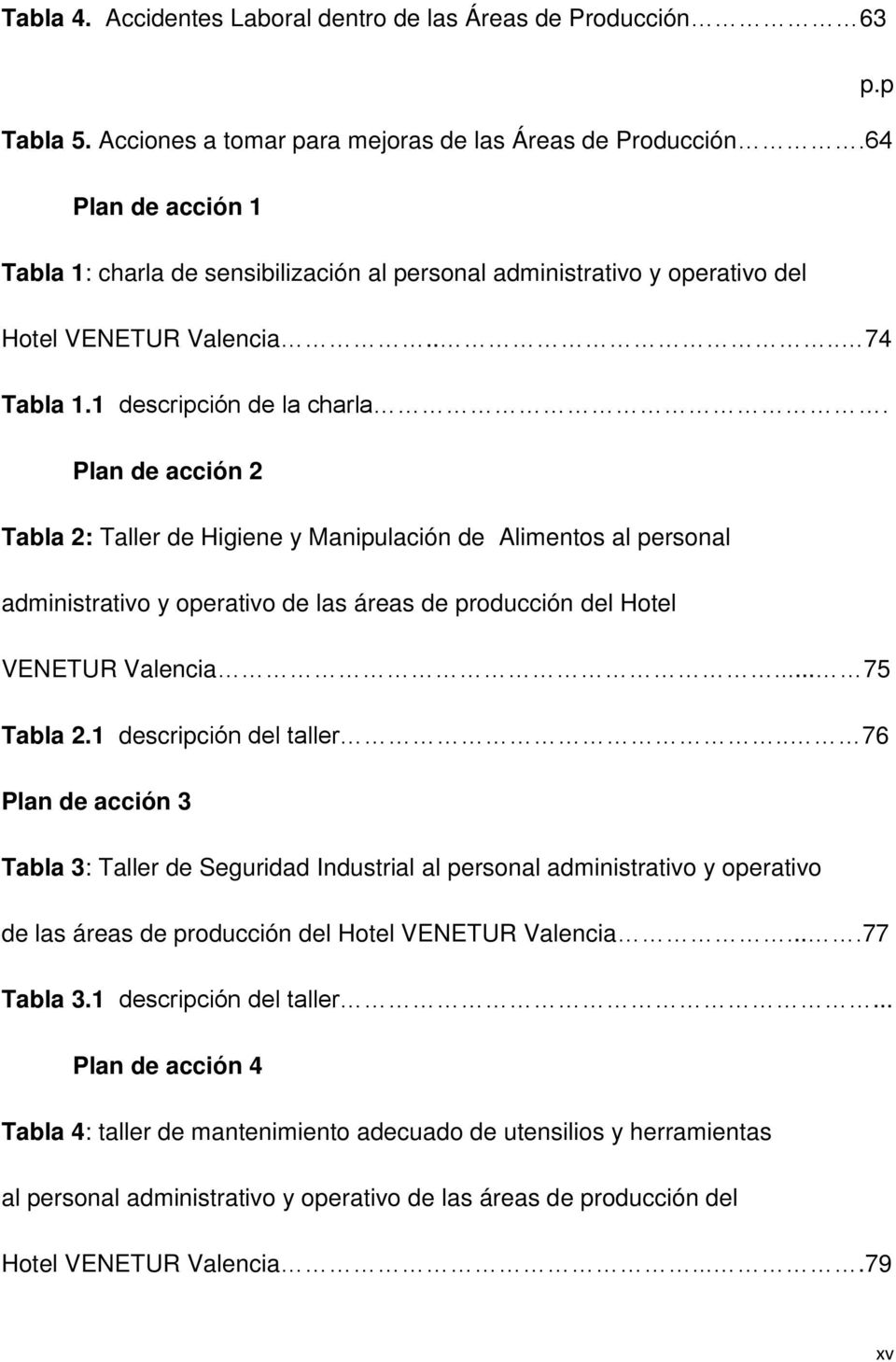 Plan de acción 2 Tabla 2: Taller de Higiene y Manipulación de Alimentos al personal administrativo y operativo de las áreas de producción del Hotel VENETUR Valencia... 75 Tabla 2.