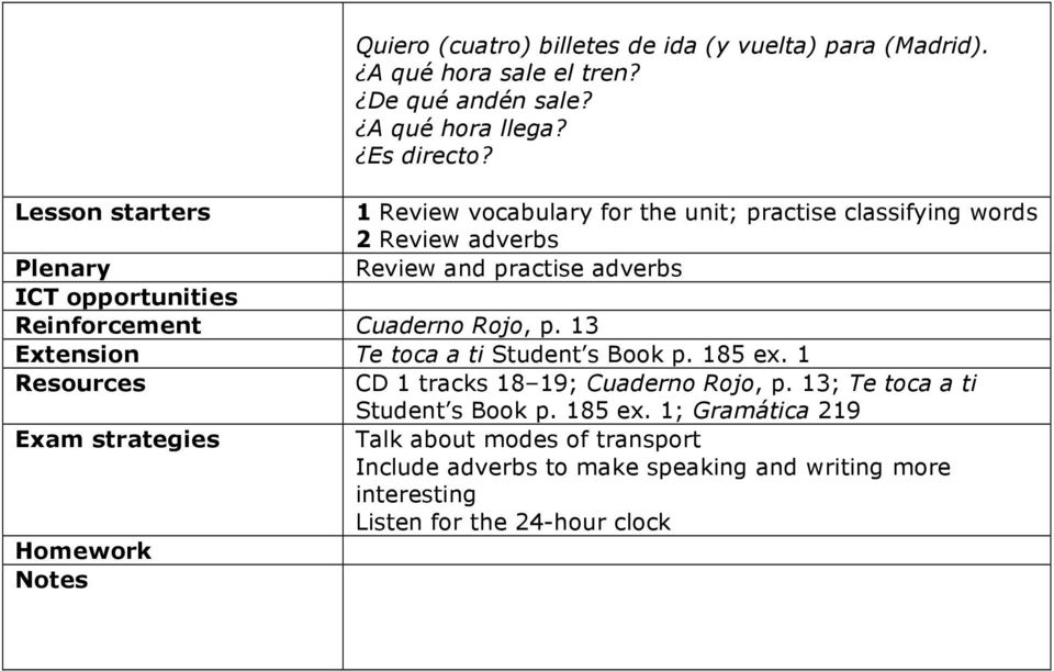 opportunities Reinforcement Cuaderno Rojo, p. 13 Extension Te toca a ti Student s Book p. 185 1 Resources CD 1 tracks 18 19; Cuaderno Rojo, p.