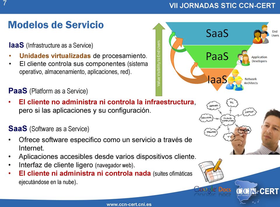 PaaS (Platform as a Service) El cliente no administra ni controla la infraestructura, pero si las aplicaciones y su configuración.