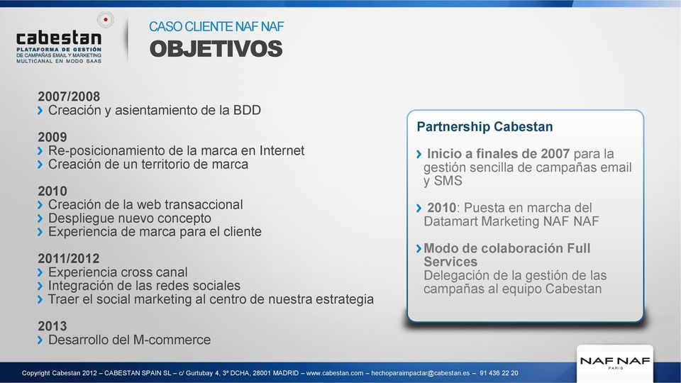 social marketing al centro de nuestra estrategia Partnership Cabestan Inicio a finales de 2007 para la gestión sencilla de campañas email y SMS 2010: Puesta en
