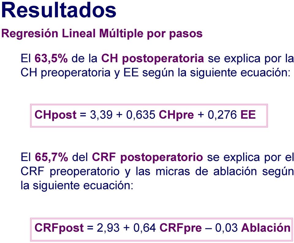 CHpre + 0,276 EE El 65,7% del CRF postoperatorio se explica por el CRF preoperatorio y