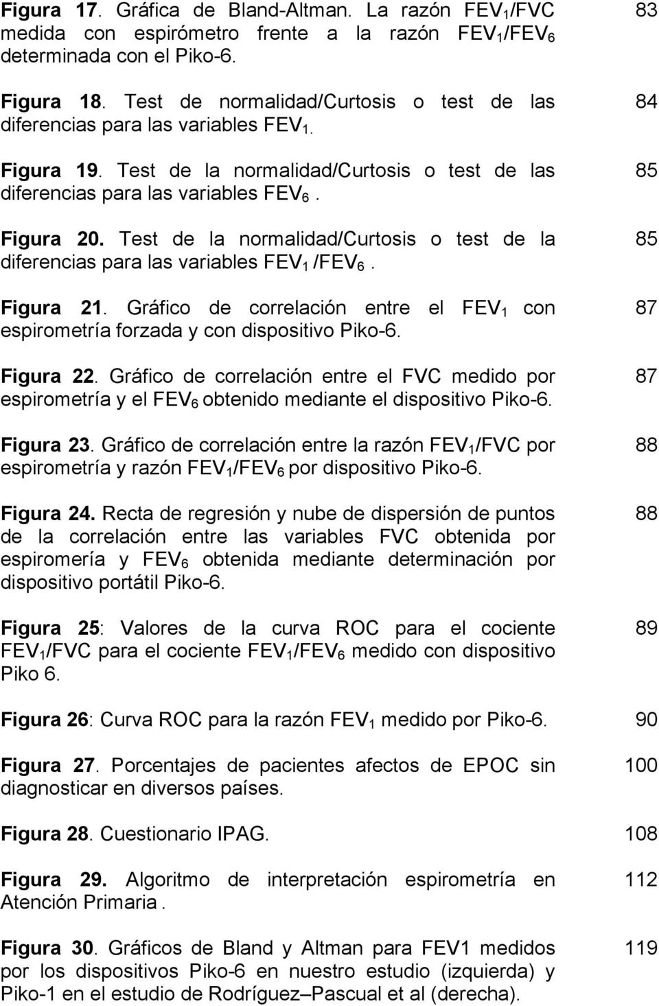 Test de la normalidad/curtosis o test de la diferencias para las variables FEV 1 /FEV 6. 83 84 85 85 Figura 21. Gráfico de correlación entre el FEV 1 espirometría forzada y con dispositivo Piko-6.