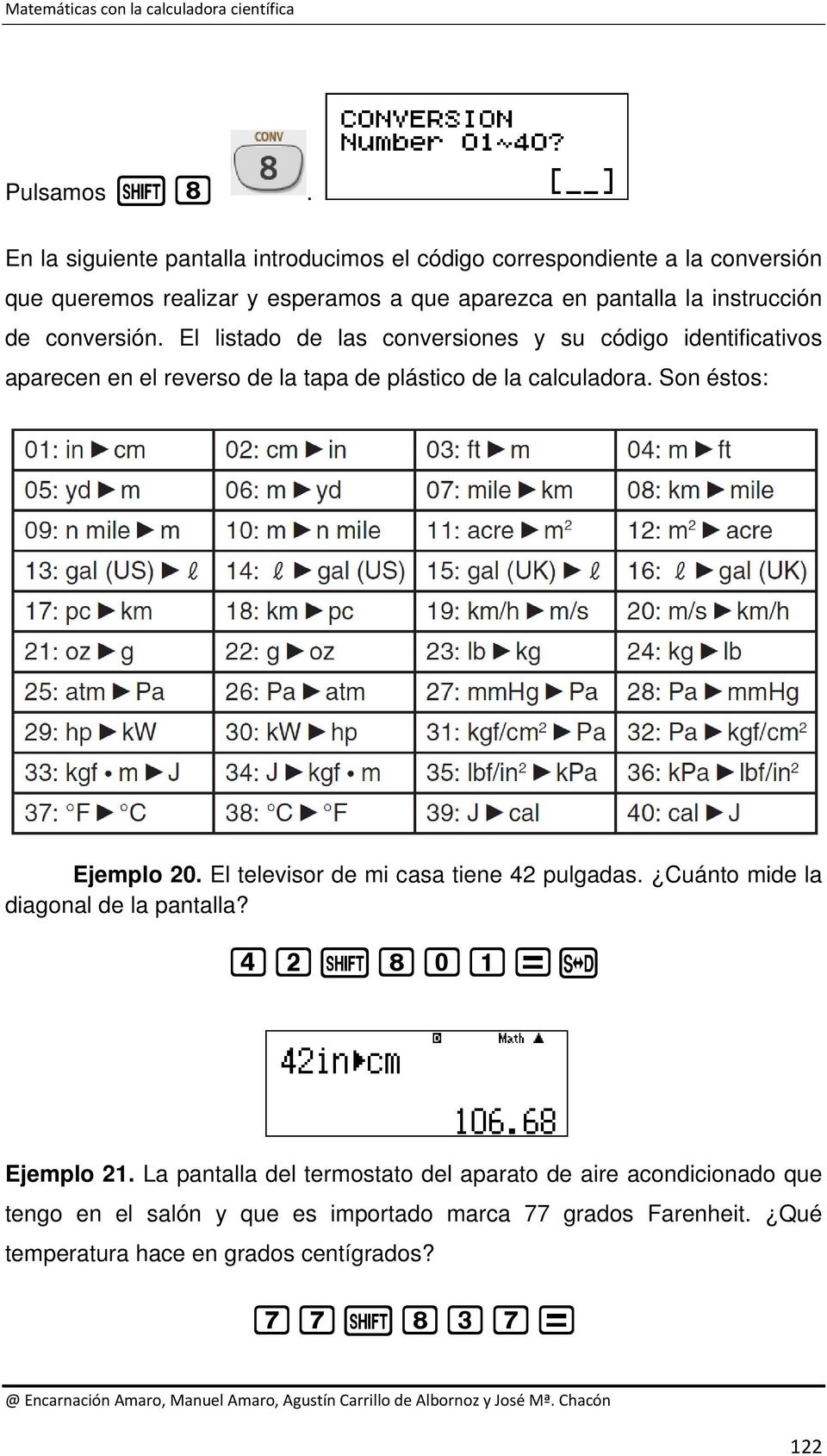 instrucción de conversión. El listado de las conversiones y su código identificativos aparecen en el reverso de la tapa de plástico de la calculadora.