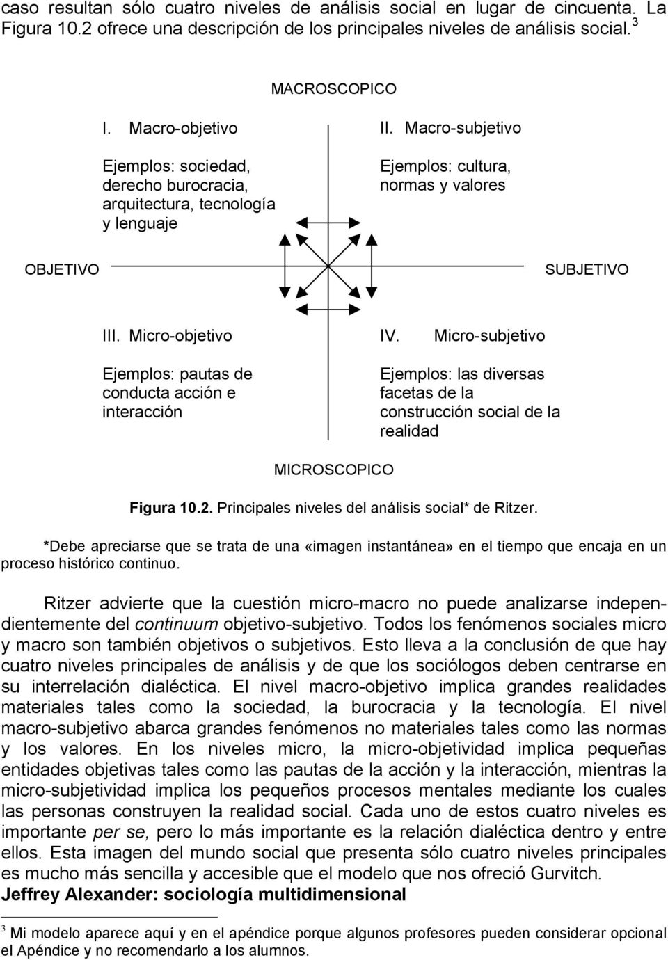 Micro-subjetivo Ejemplos: pautas de conducta acción e interacción Ejemplos: las diversas facetas de la construcción social de la realidad MICROSCOPICO Figura 10.2.