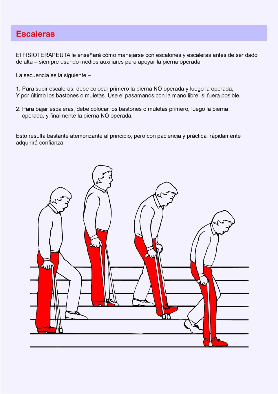 Para subir escaleras, debe colocar primero la pierna NO operada y luego la operada, Y por último los bastones o muletas.
