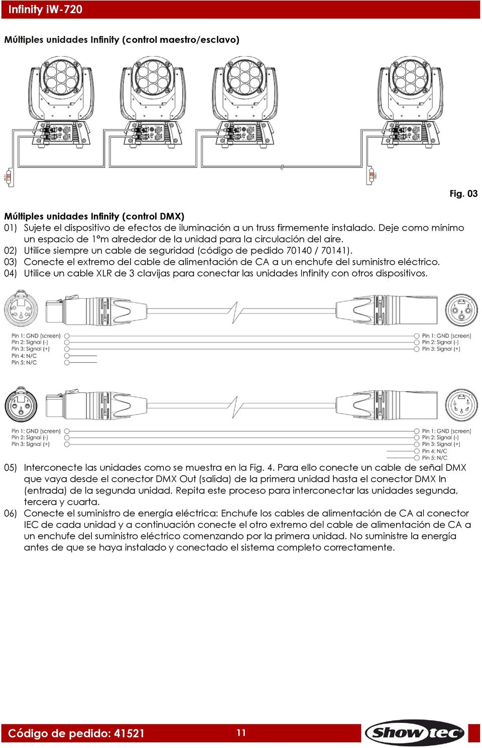 03) Conecte el extremo del cable de alimentación de CA a un enchufe del suministro eléctrico. 04) Utilice un cable XLR de 3 clavijas para conectar las unidades Infinity con otros dispositivos. Fig.