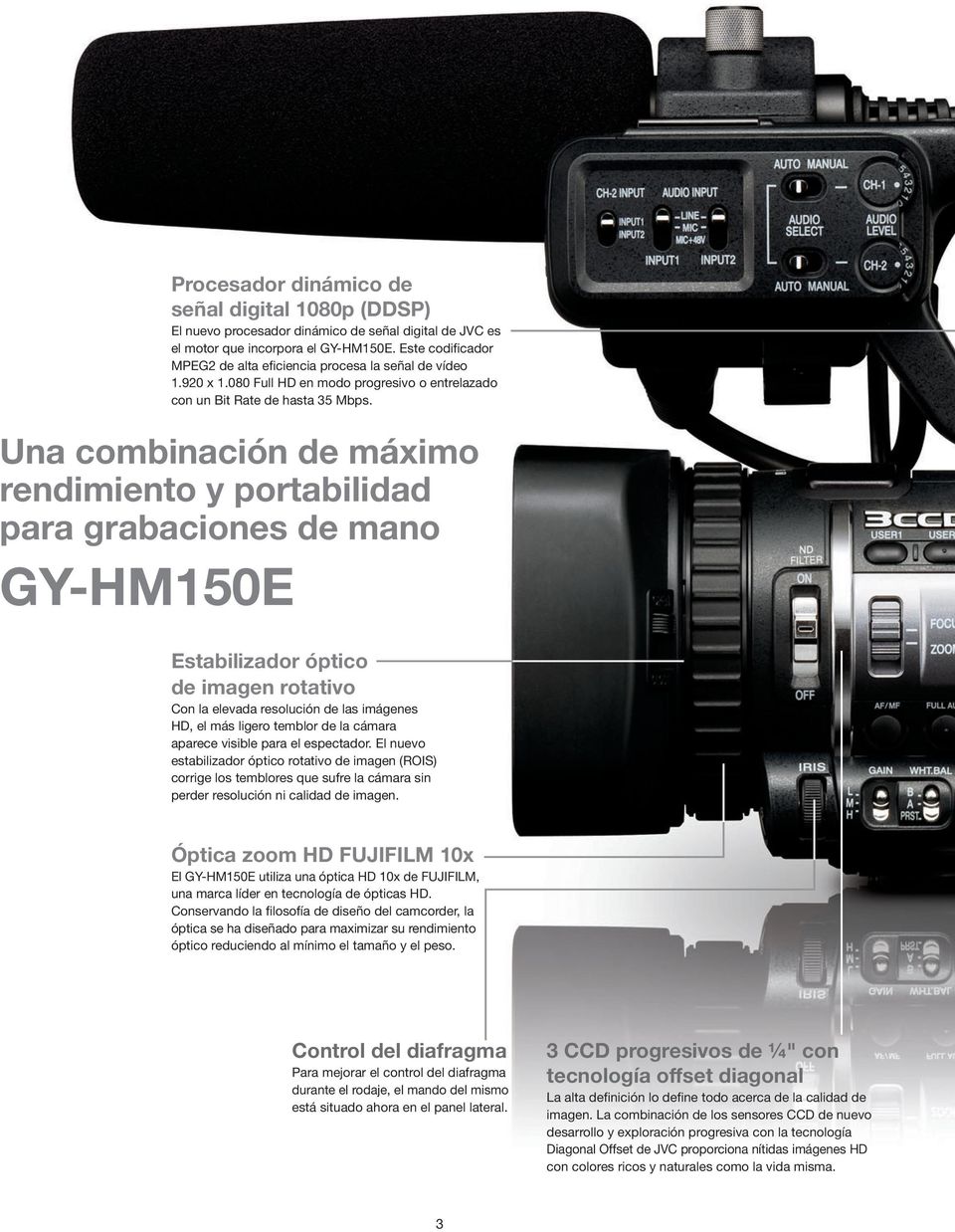 Una combinación de máximo rendimiento y portabilidad para grabaciones de mano GY-HM150E Estabilizador óptico de imagen rotativo Con la elevada resolución de las imágenes HD, el más ligero temblor de