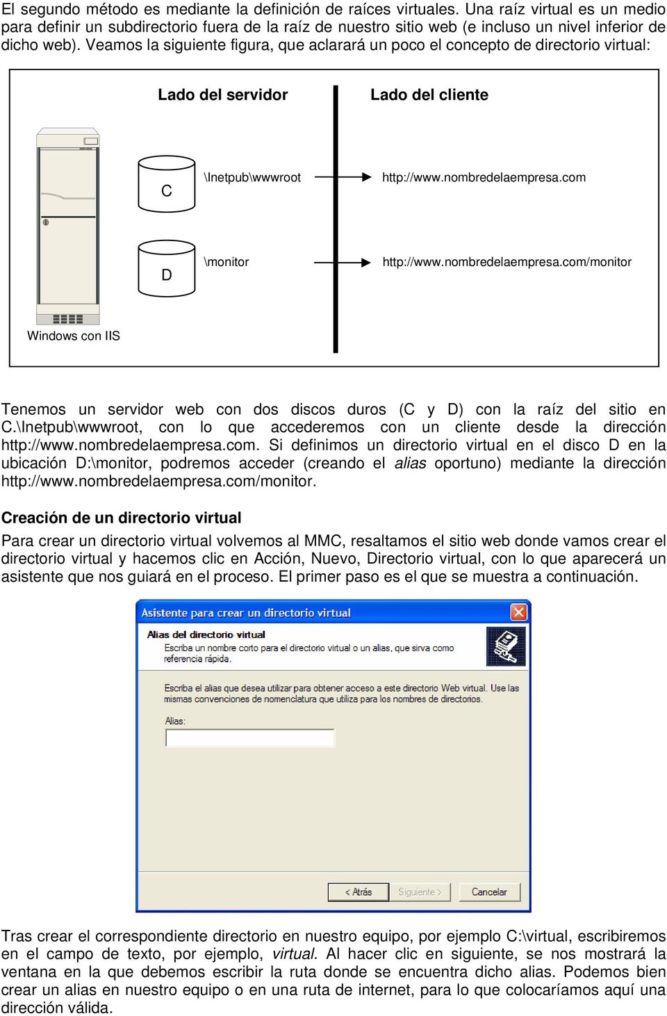 Veamos la siguiente figura, que aclarará un poco el concepto de directorio virtual: Lado del servidor Lado del cliente C \Inetpub\wwwroot http://www.nombredelaempresa.com D \monitor http://www.