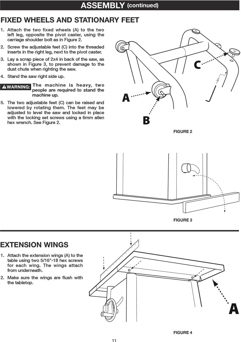 Lay a scrap piece of 2x4 in back of the saw, as shown in Figure 3, to prevent damage to the dust chute when righting the saw. 4. Stand the saw right side up.