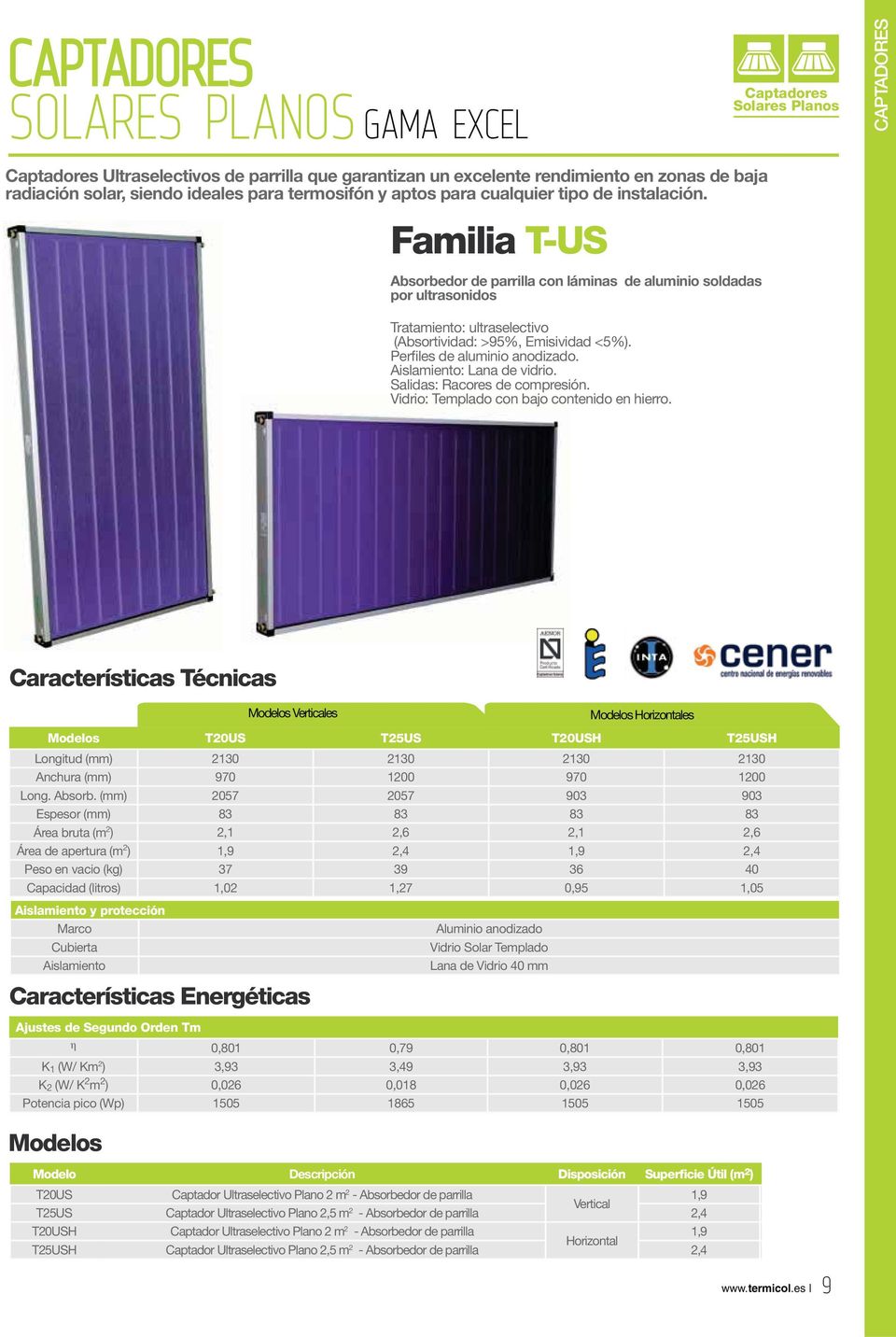 Familia T-US Absorbedor de parrilla con láminas de aluminio soldadas por ultrasonidos Tratamiento: ultraselectivo (Absortividad: >95%, Emisividad <5%). Perfiles de aluminio anodizado.