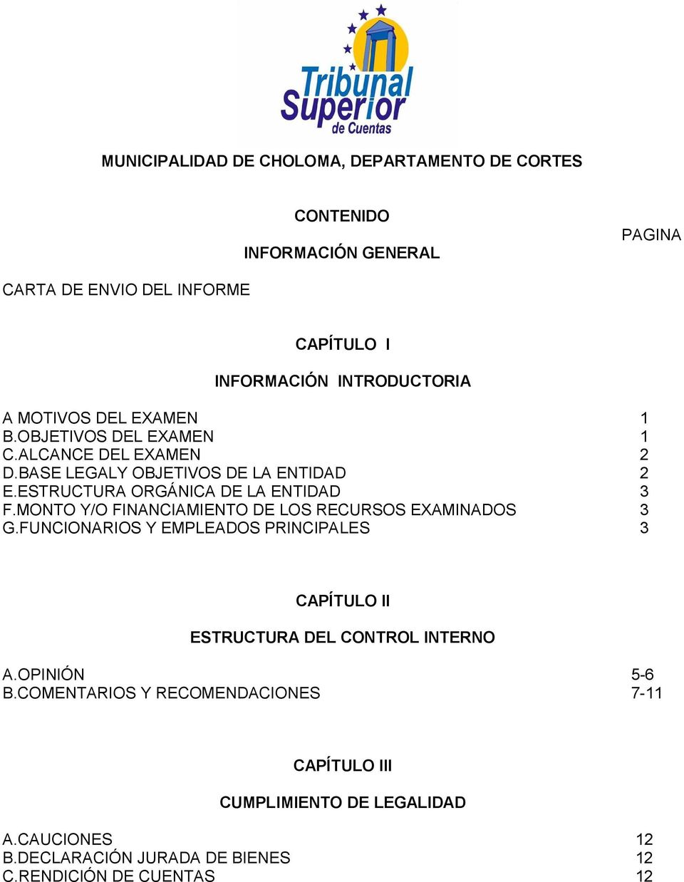 MONTO Y/O FINANCIAMIENTO DE LOS RECURSOS EXAMINADOS 3 G.FUNCIONARIOS Y EMPLEADOS PRINCIPALES 3 CAPÍTULO II ESTRUCTURA DEL CONTROL INTERNO A.