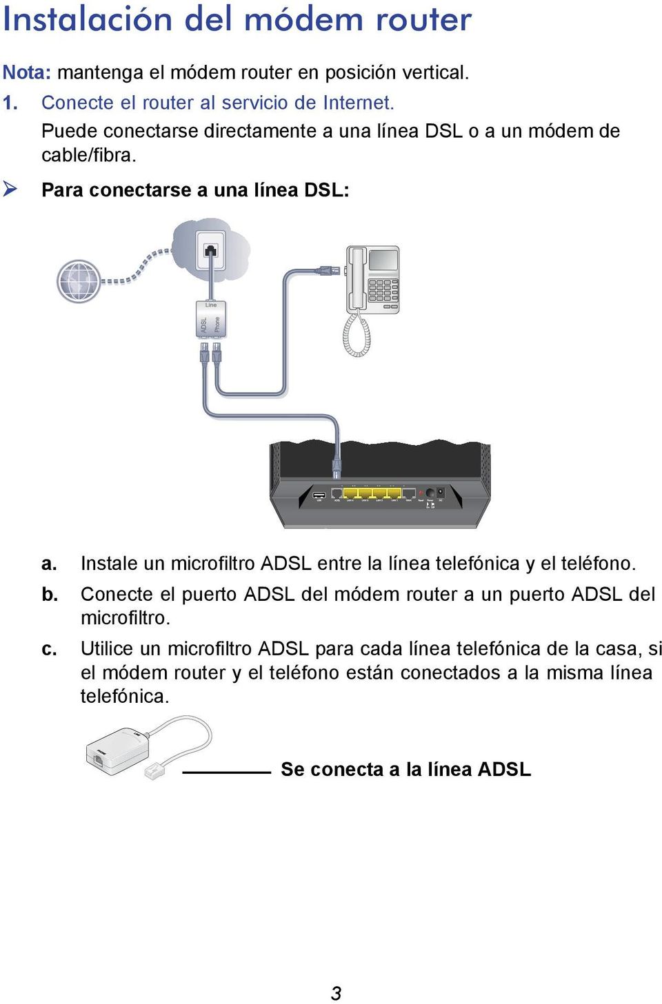 Instale un microfiltro ADSL entre la línea telefónica y el teléfono. b.