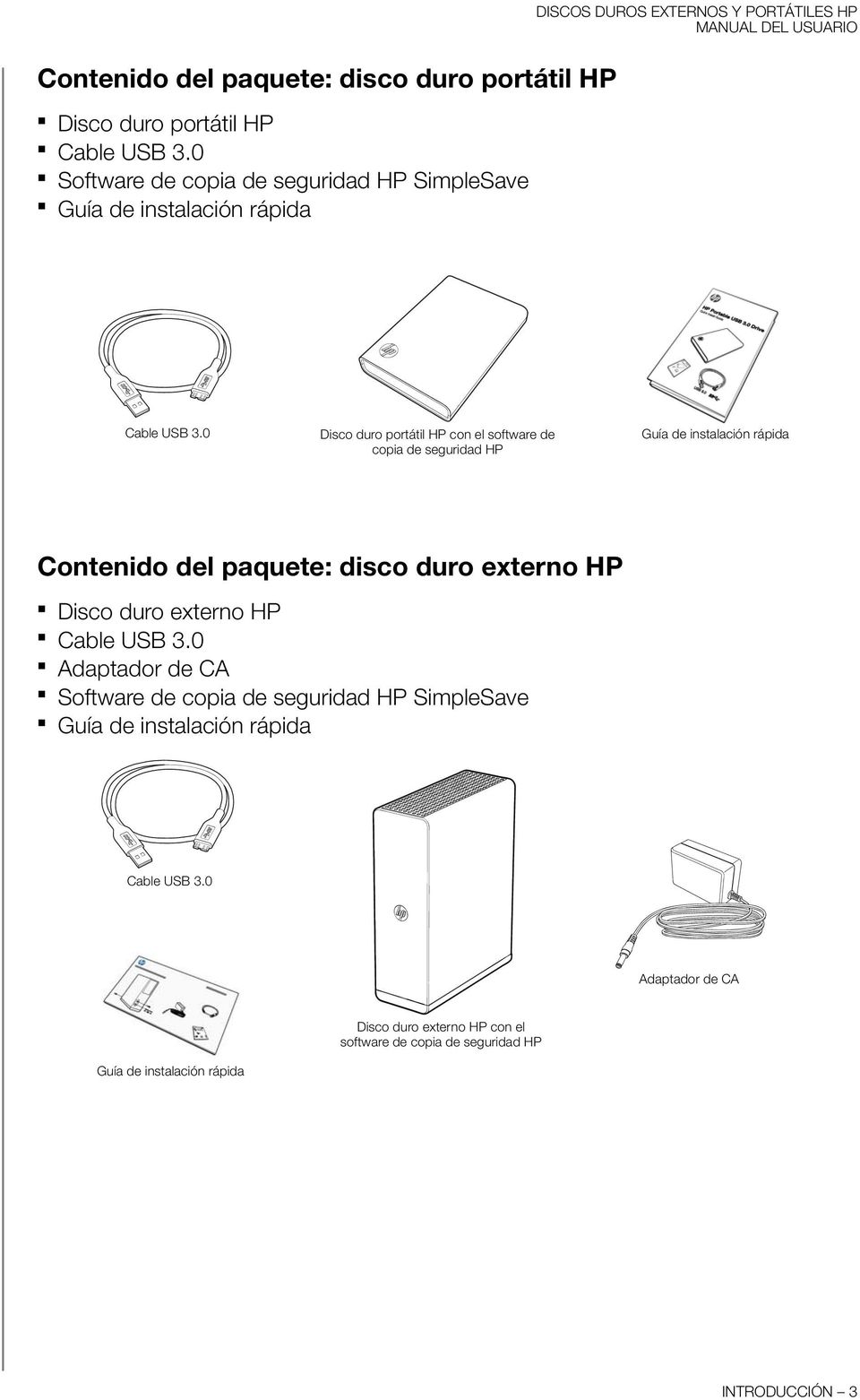 0 Disco duro portátil HP con el software de copia de seguridad HP Guía de instalación rápida Contenido del paquete: disco duro externo HP Disco duro