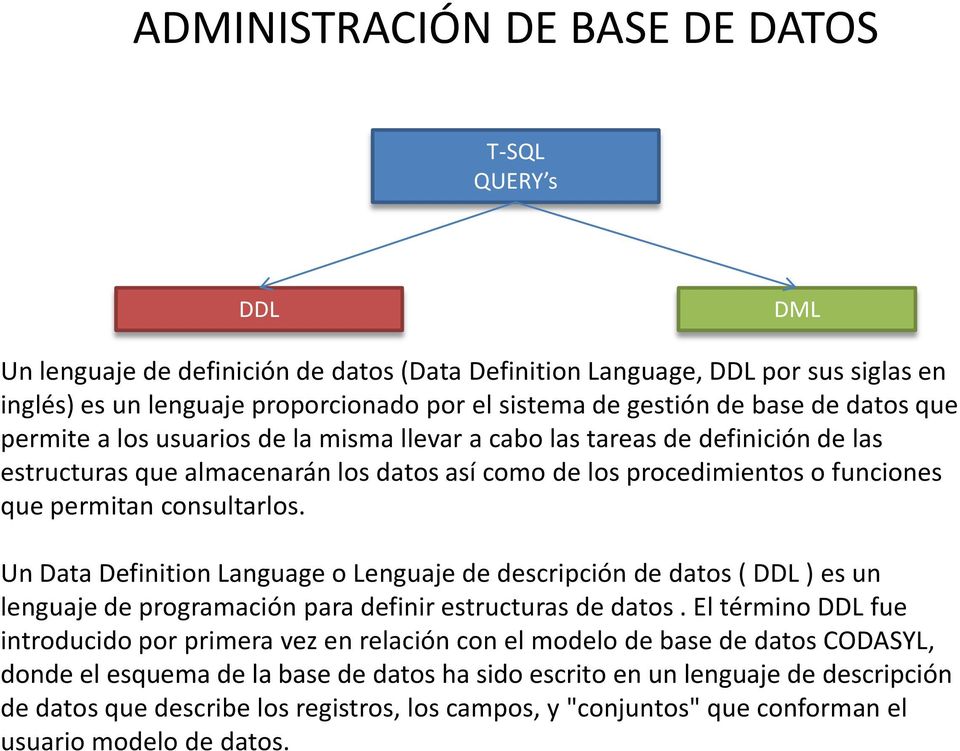 Un Data Definition Language o Lenguaje de descripción de datos ( DDL ) es un lenguaje de programación para definir estructuras de datos.