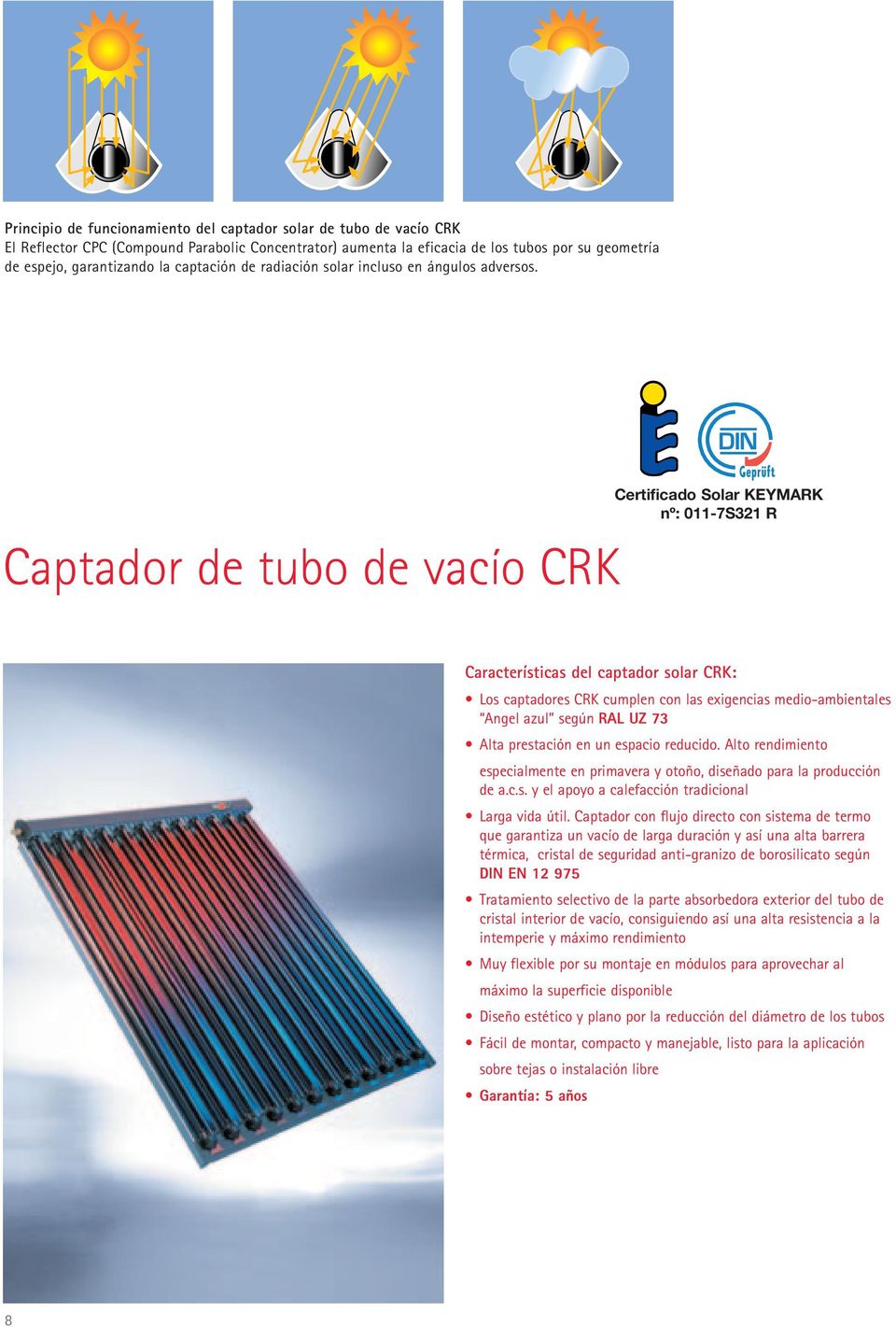DIN Captador de tubo de vacío CRK Certificado Solar KEYMARK nº: 011-7S321 R Características del captador solar CRK: Los captadores CRK cumplen con las exigencias medio-ambientales Angel azul según