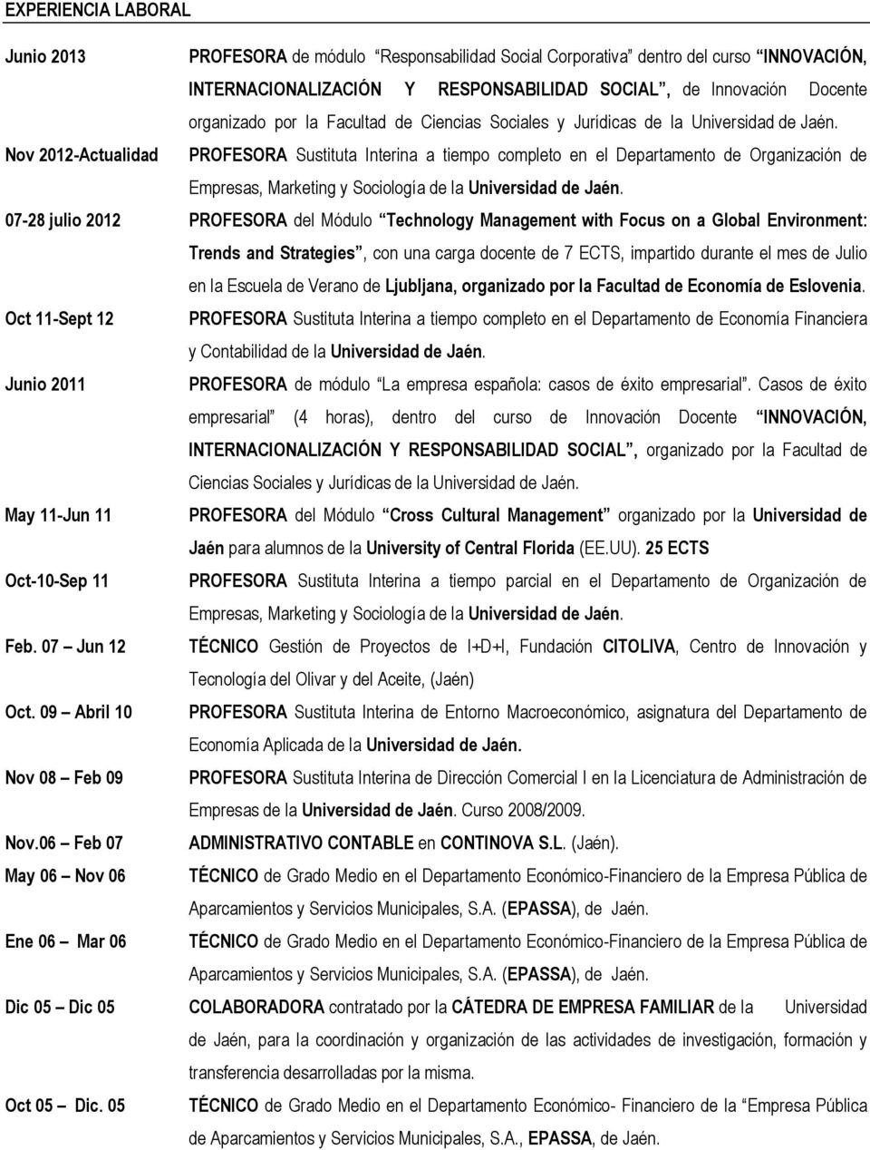 Nov 2012-Actualidad PROFESORA Sustituta Interina a tiempo completo en el Departamento de Organización de Empresas, Marketing y Sociología de la Universidad de Jaén.