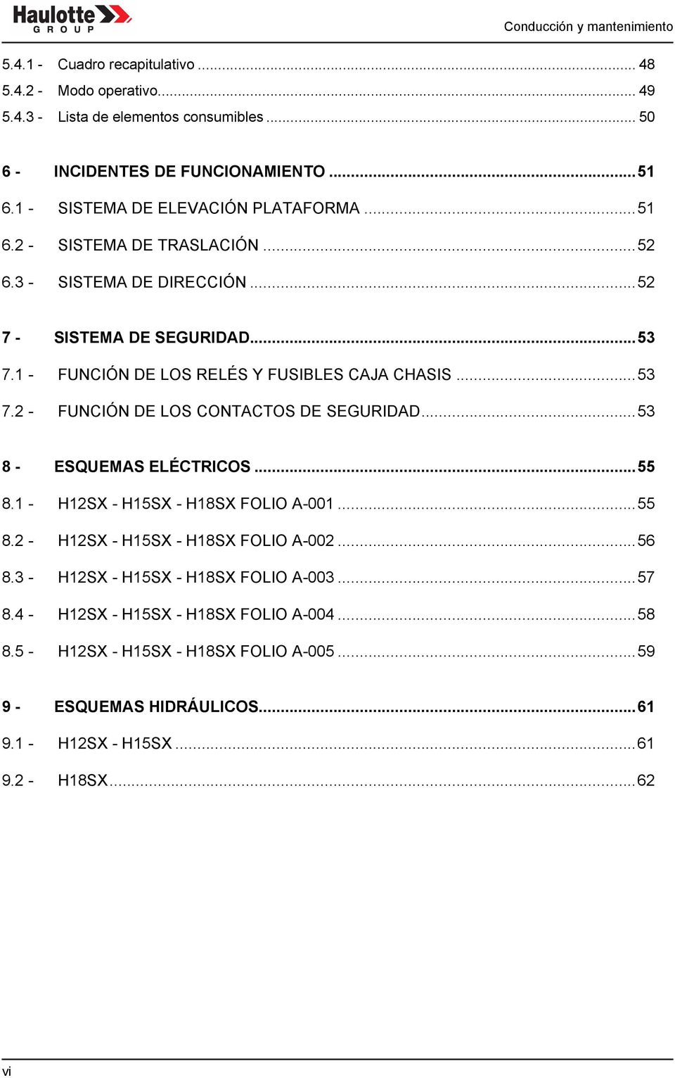 ..53 7.2 - FUNCIÓN DE LOS CONTACTOS DE SEGURIDAD...53 8 - ESQUEMAS ELÉCTRICOS...55 8.1 - H12SX - H15SX - H18SX FOLIO A-001...55 8.2 - H12SX - H15SX - H18SX FOLIO A-002...56 8.