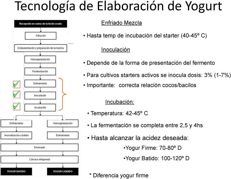 Importante: correcta relación cocos/bacilos Incubación: Temperatura: 42-45º C La fermentación se completa entre