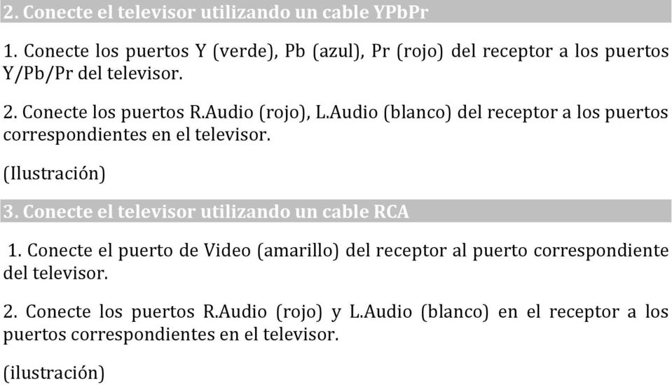 Audio (rojo), L.Audio (blanco) del receptor a los puertos correspondientes en el televisor. (Ilustración) 3.