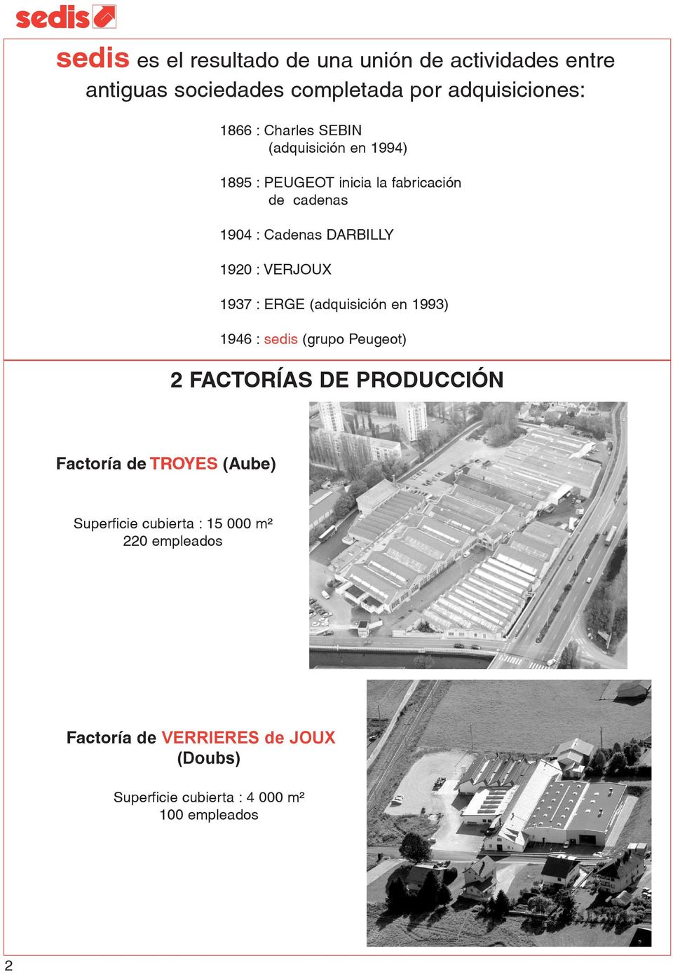 : ERGE (adquisición en 1993) 1946 : sedis (grupo Peugeot) 2 FACTORÍAS DE PRODUCCIÓN Factoría de TROYES (Aube) Superficie