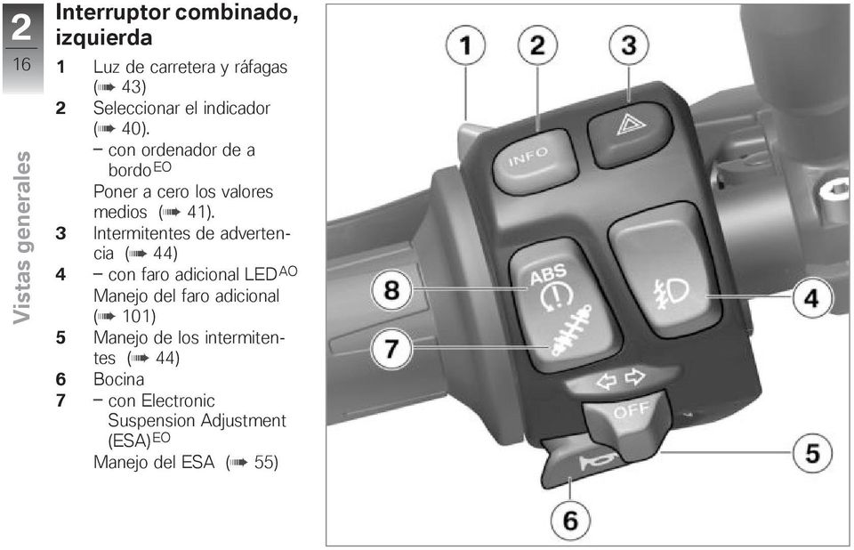 3 Intermitentes de advertencia ( 44) 4 con faro adicional LED AO Manejo del faro adicional ( 101) 5