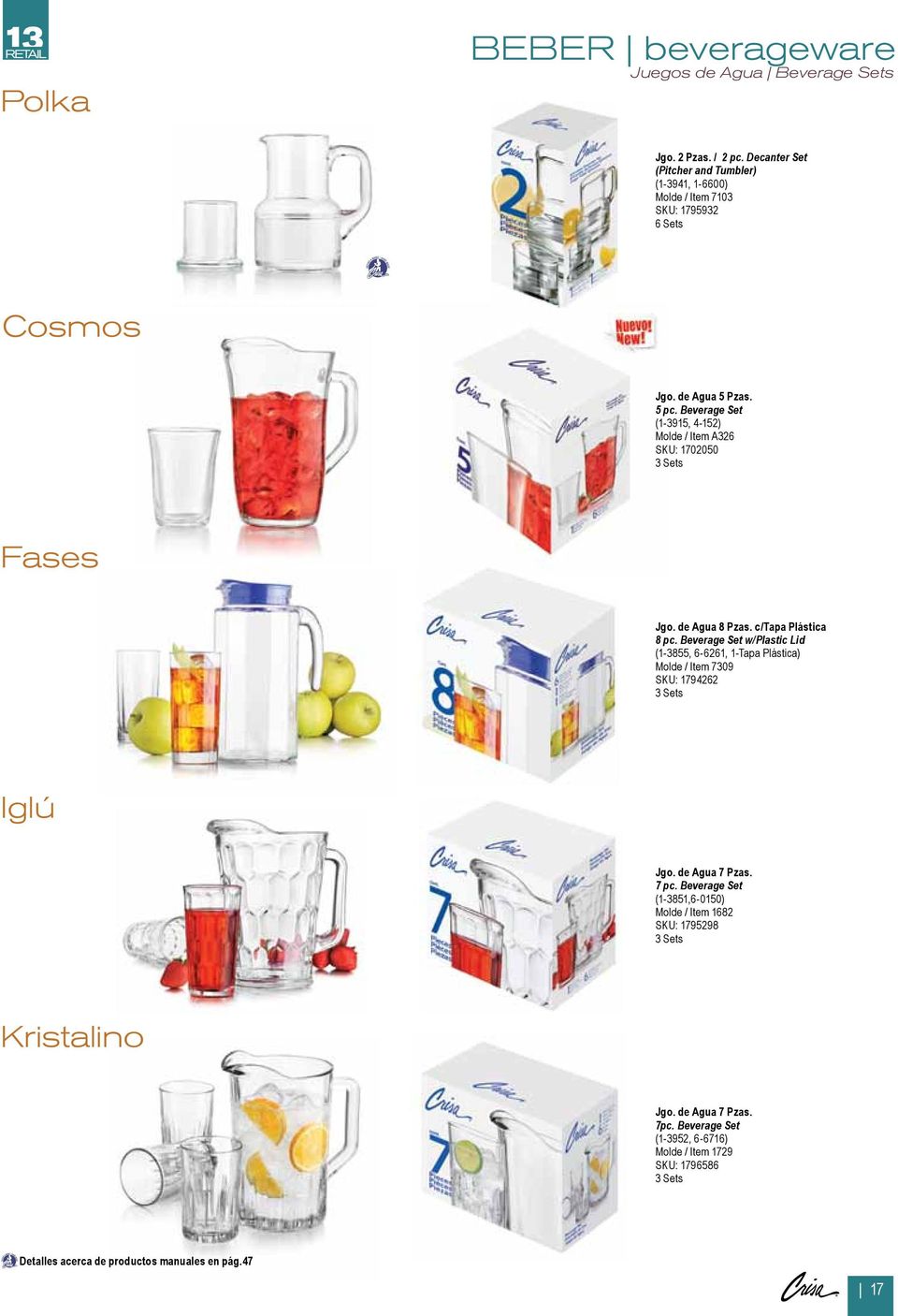 Beverage Set (1-3915, 4-152) Molde / Item 326 SKU: 1702050 3 Sets Fases Jgo. de gua 8 Pzas. c/tapa Plástica 8 pc.