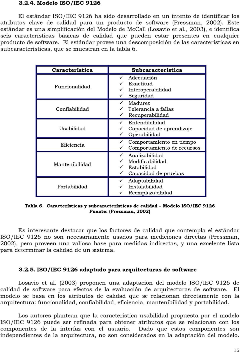 El estándar provee una descomposición de las características en subcaracterísticas, que se muestran en la tabla 6.